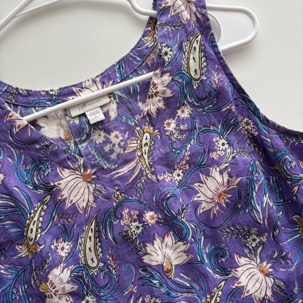 J. Jill Love Linen Purple‎ Floral Paisley V-Neck Shift Dress Petite Small